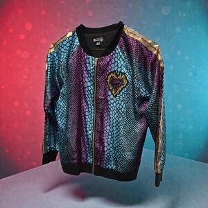 Disney Descendants 3 Bomber Jacket Girls XL 14-16 Purple Aqua Blue Animal Print